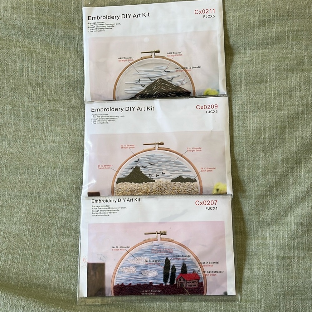Embroidery art kit stitches DIY thread included New Nature Scenes set of 3